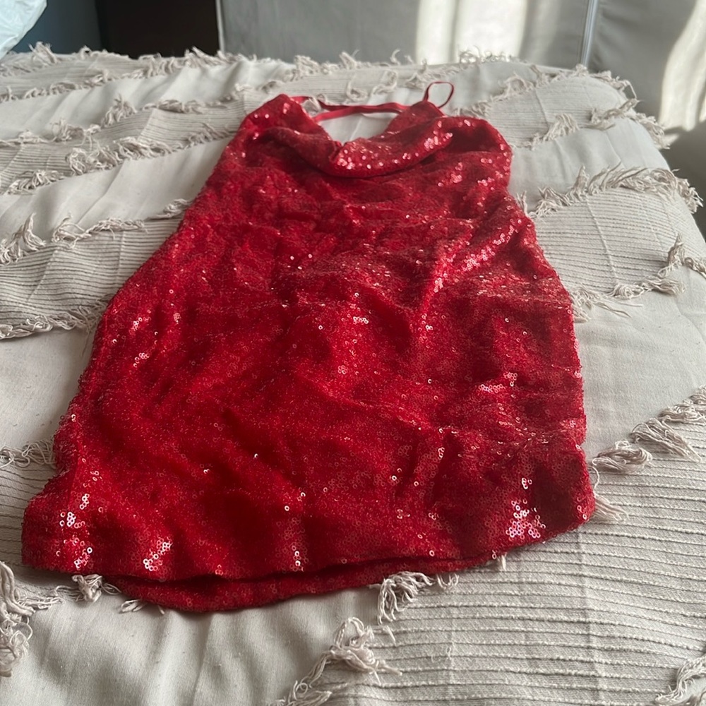 Beautiful Cherry red sequin halter dress with an open back.